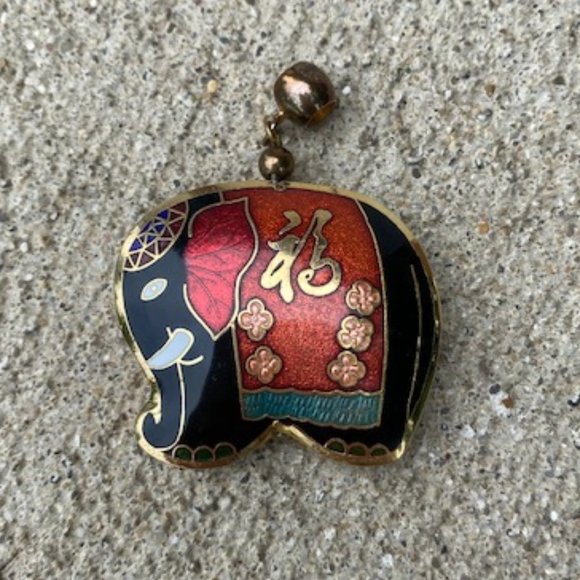 Jewelry - Vintage Cloisonne Black Elephant Pendant, Enamel & Gold Tone Metal, Puffed